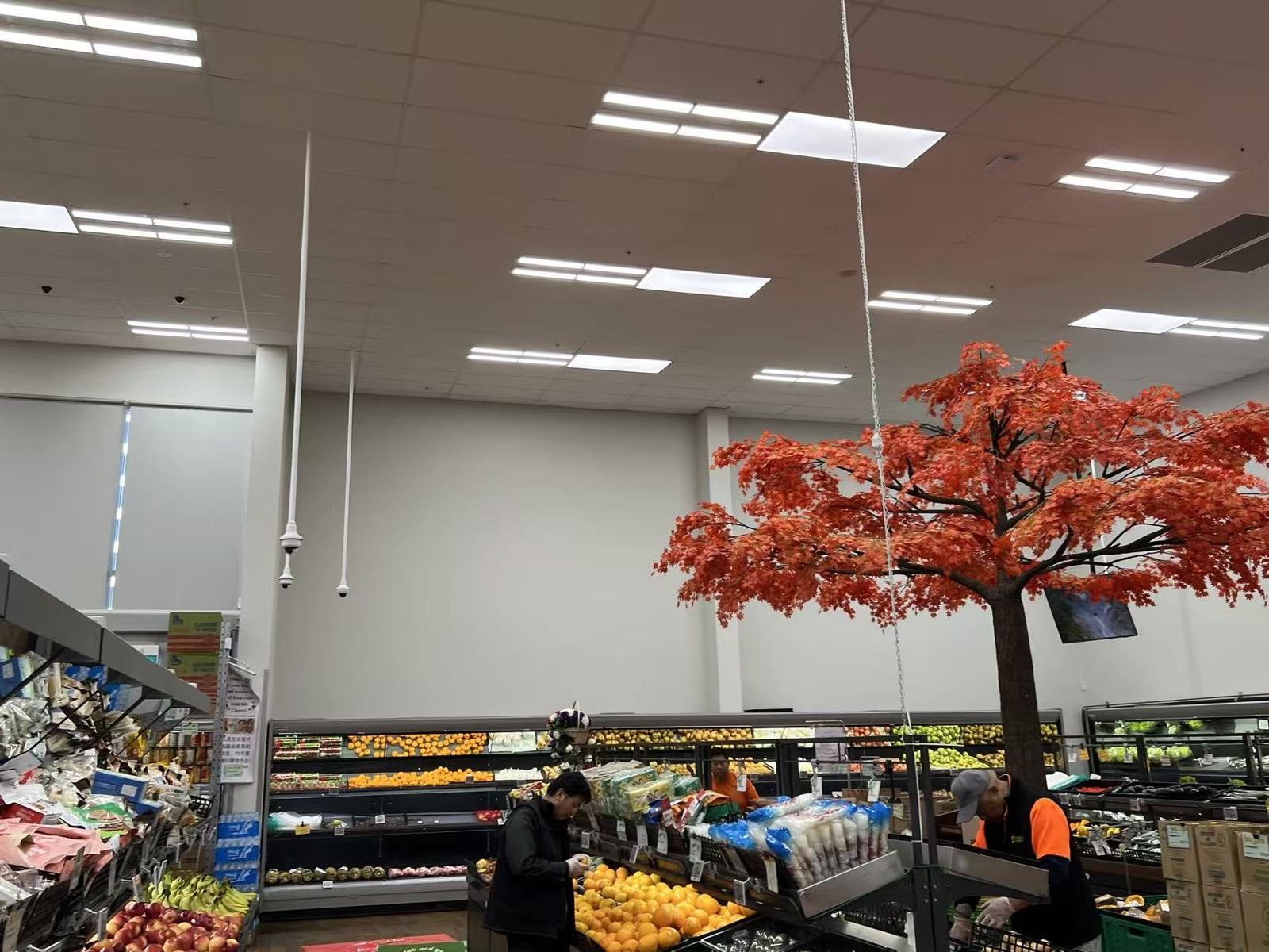 Golden Apple Henderson fresh produce area with shelf labels and ceiling cameras